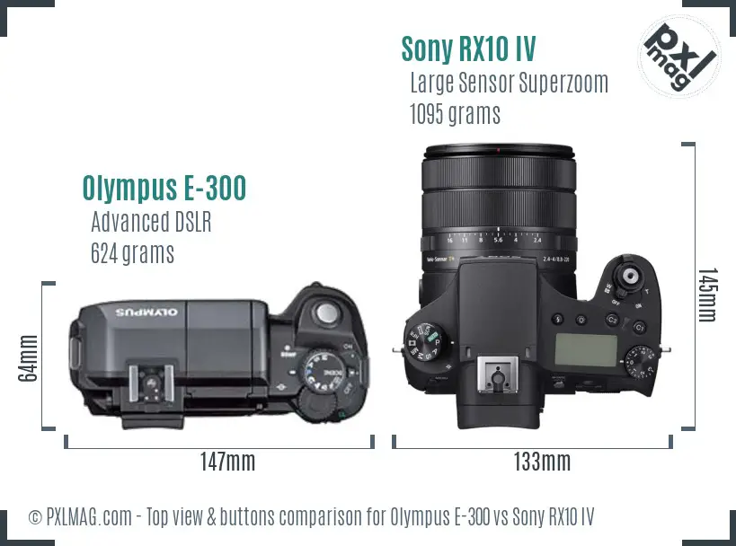 Olympus E-300 vs Sony RX10 IV top view buttons comparison