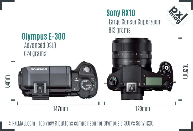 Olympus E-300 vs Sony RX10 top view buttons comparison