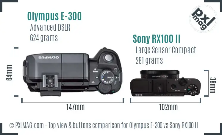 Olympus E-300 vs Sony RX100 II top view buttons comparison