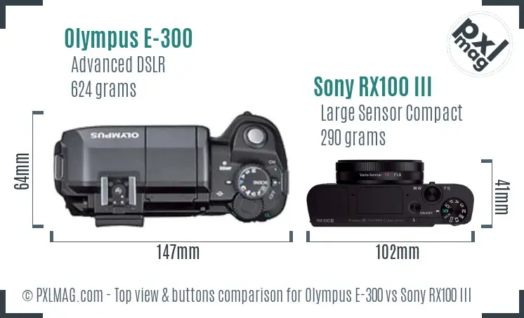Olympus E-300 vs Sony RX100 III top view buttons comparison