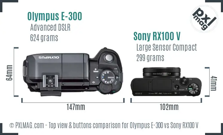 Olympus E-300 vs Sony RX100 V top view buttons comparison