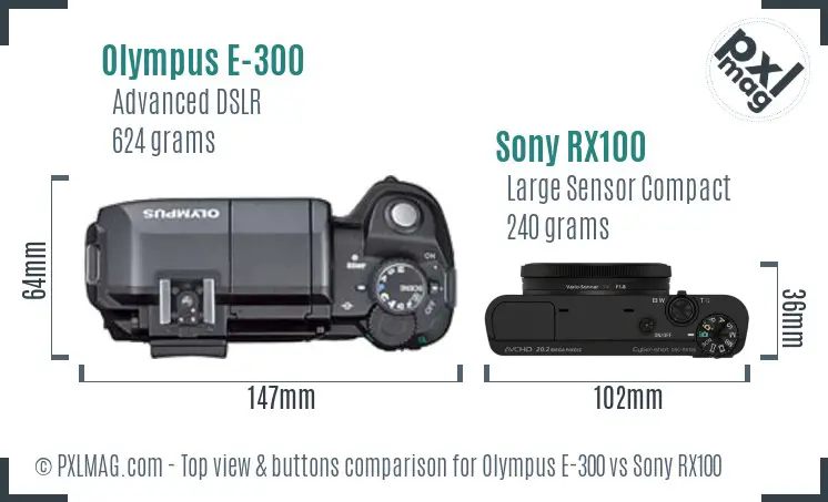 Olympus E-300 vs Sony RX100 top view buttons comparison