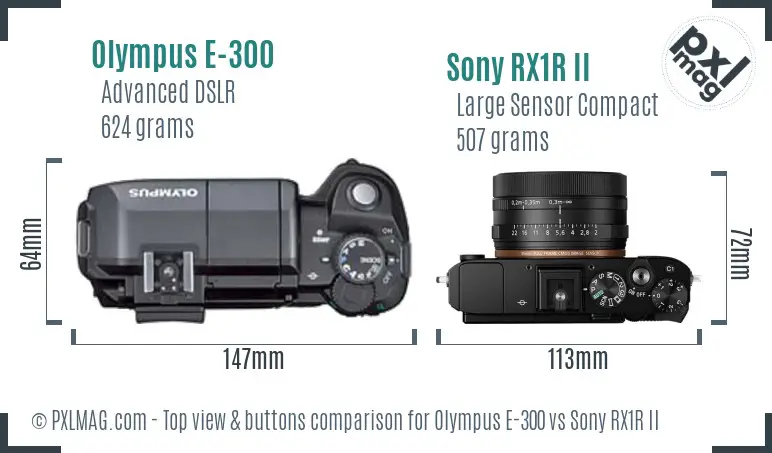 Olympus E-300 vs Sony RX1R II top view buttons comparison