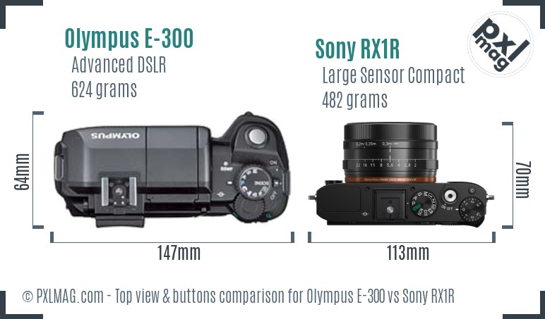 Olympus E-300 vs Sony RX1R top view buttons comparison