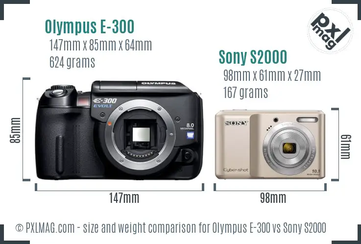 Olympus E-300 vs Sony S2000 size comparison