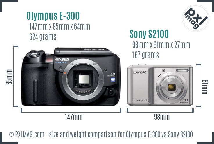Olympus E-300 vs Sony S2100 size comparison Olympus E-300 vs Sony S2100 size comparison