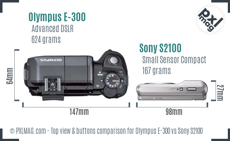 Olympus E-300 vs Sony S2100 top view buttons comparison