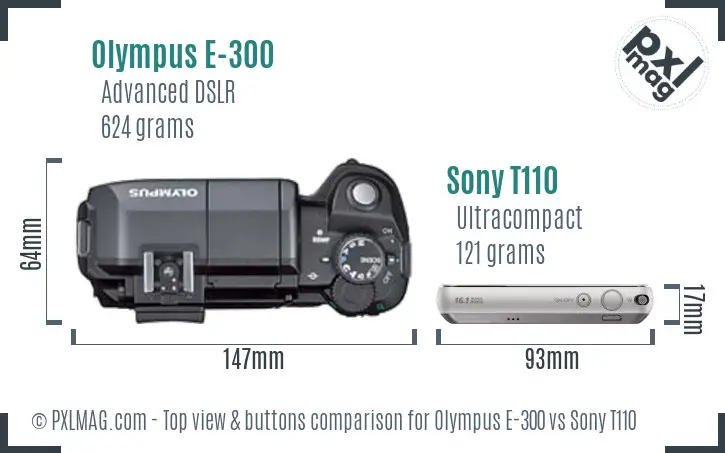 Olympus E-300 vs Sony T110 top view buttons comparison