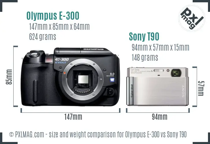 Olympus E-300 vs Sony T90 size comparison