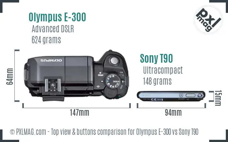 Olympus E-300 vs Sony T90 top view buttons comparison