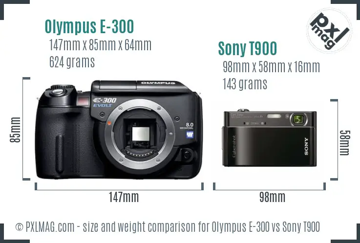 Olympus E-300 vs Sony T900 size comparison