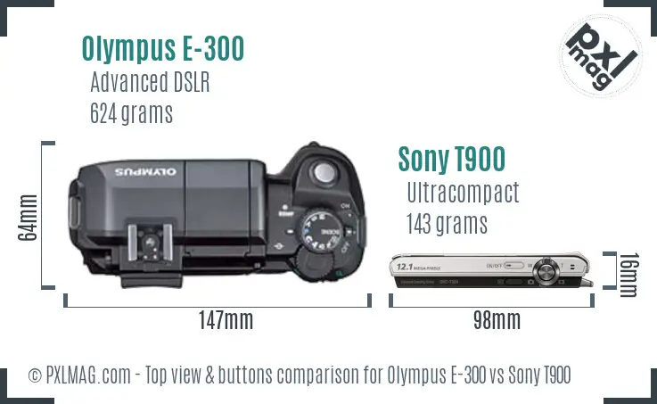 Olympus E-300 vs Sony T900 top view buttons comparison