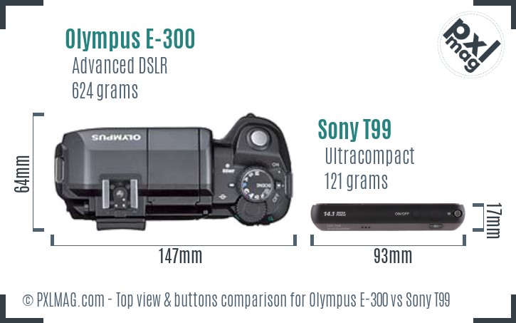 Olympus E-300 vs Sony T99 top view buttons comparison