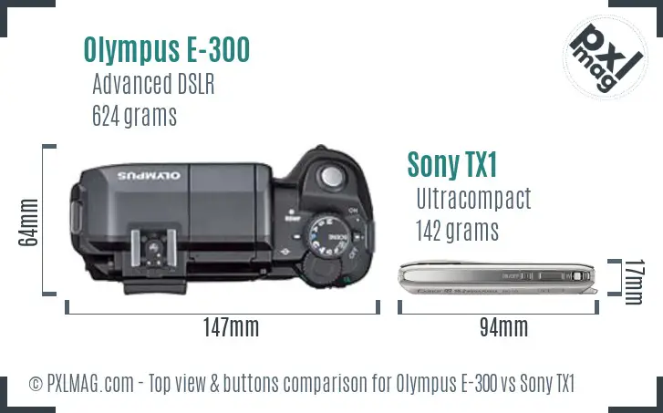 Olympus E-300 vs Sony TX1 top view buttons comparison