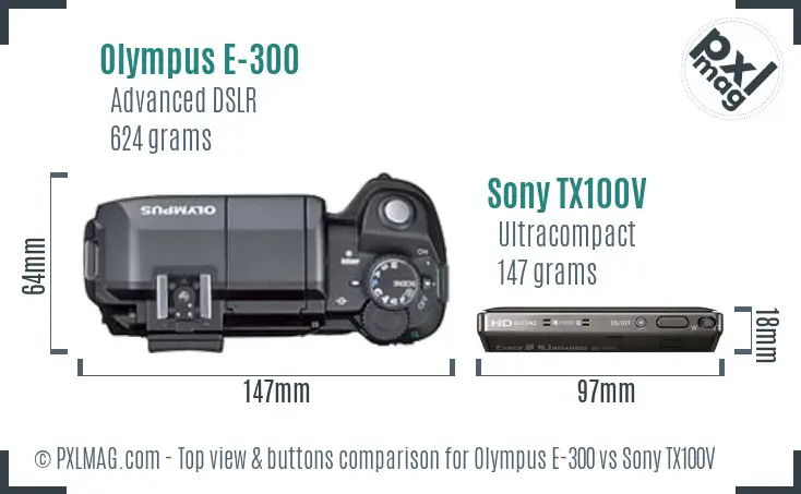 Olympus E-300 vs Sony TX100V top view buttons comparison