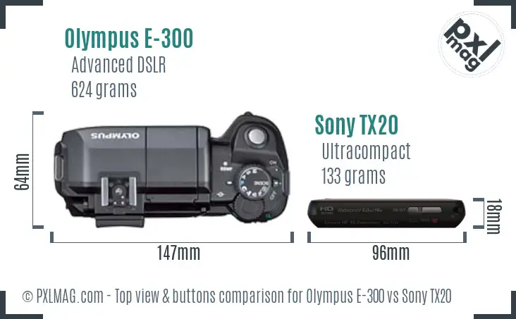 Olympus E-300 vs Sony TX20 top view buttons comparison Olympus E-300 vs Sony TX20 top view buttons comparison