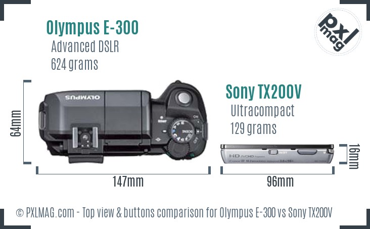Olympus E-300 vs Sony TX200V top view buttons comparison