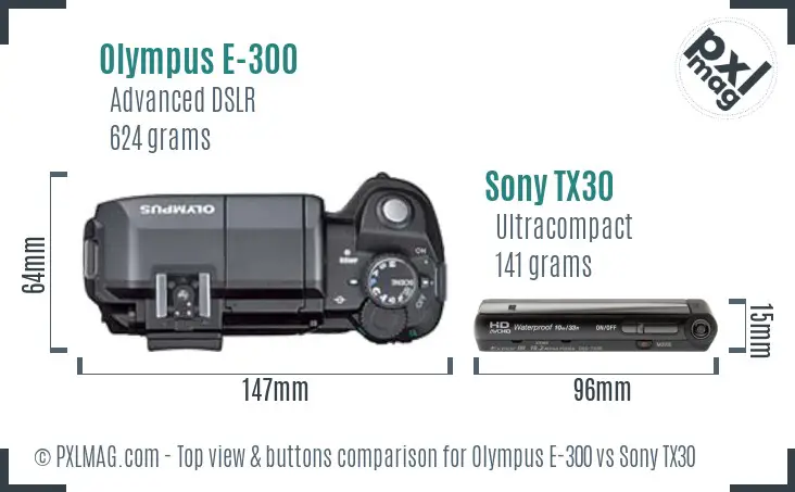 Olympus E-300 vs Sony TX30 top view buttons comparison