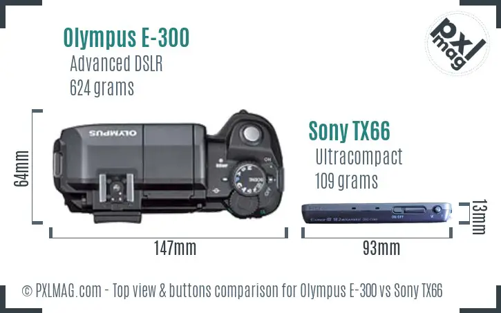 Olympus E-300 vs Sony TX66 top view buttons comparison