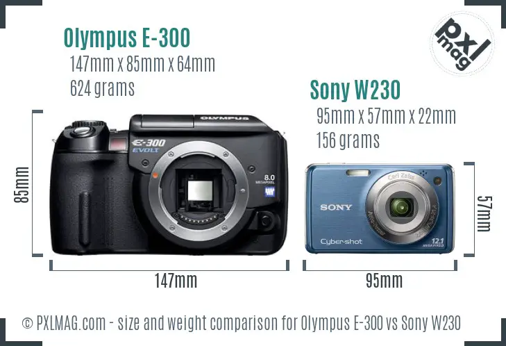 Olympus E-300 vs Sony W230 size comparison