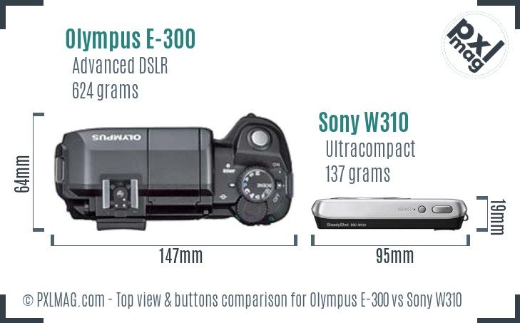Olympus E-300 vs Sony W310 top view buttons comparison