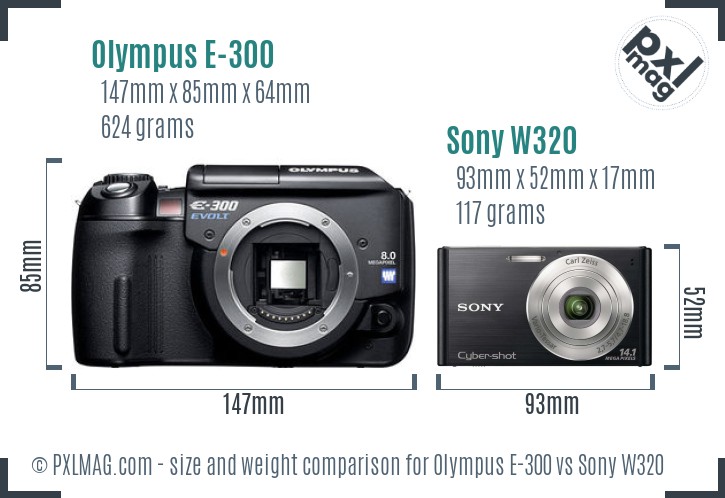 Olympus E-300 vs Sony W320 size comparison