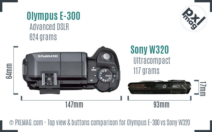 Olympus E-300 vs Sony W320 top view buttons comparison