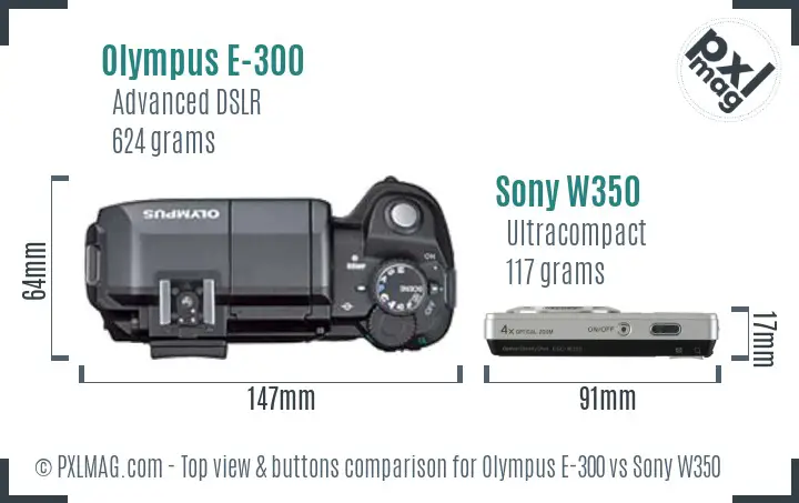 Olympus E-300 vs Sony W350 top view buttons comparison