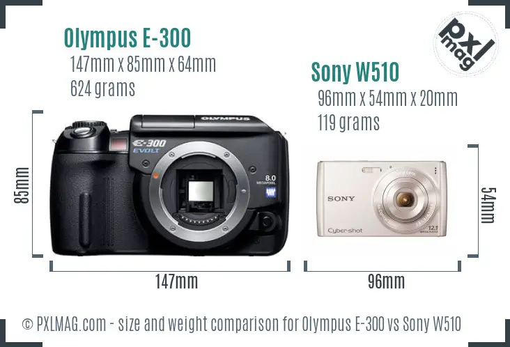 Olympus E-300 vs Sony W510 size comparison