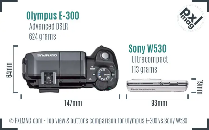 Olympus E-300 vs Sony W530 top view buttons comparison Olympus E-300 vs Sony W530 top view buttons comparison