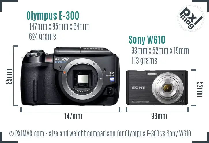 Olympus E-300 vs Sony W610 size comparison