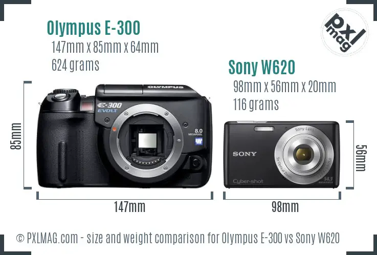 Olympus E-300 vs Sony W620 size comparison