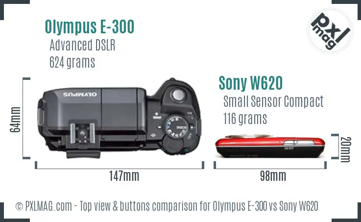 Olympus E-300 vs Sony W620 top view buttons comparison