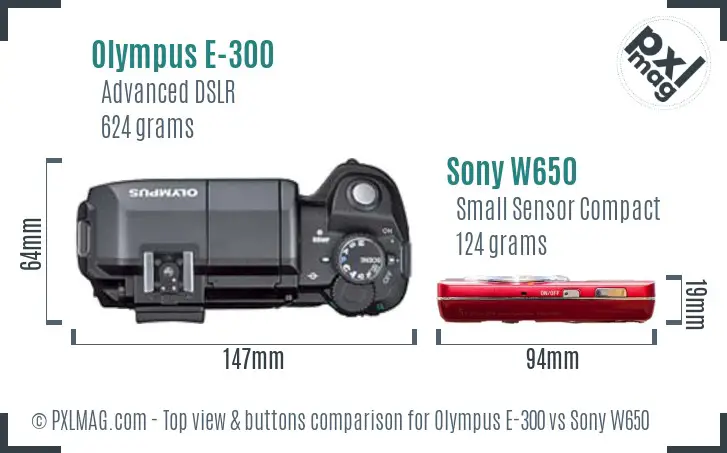 Olympus E-300 vs Sony W650 top view buttons comparison Olympus E-300 vs Sony W650 top view buttons comparison