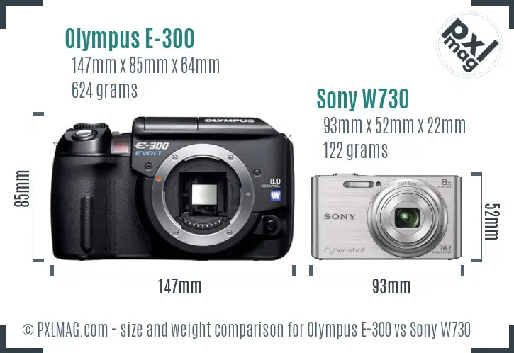 Olympus E-300 vs Sony W730 size comparison