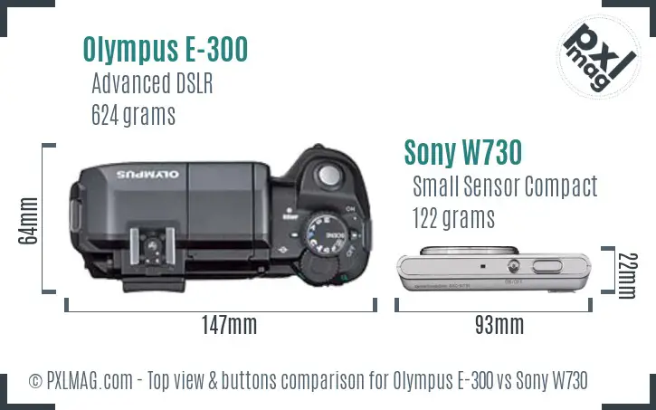 Olympus E-300 vs Sony W730 top view buttons comparison