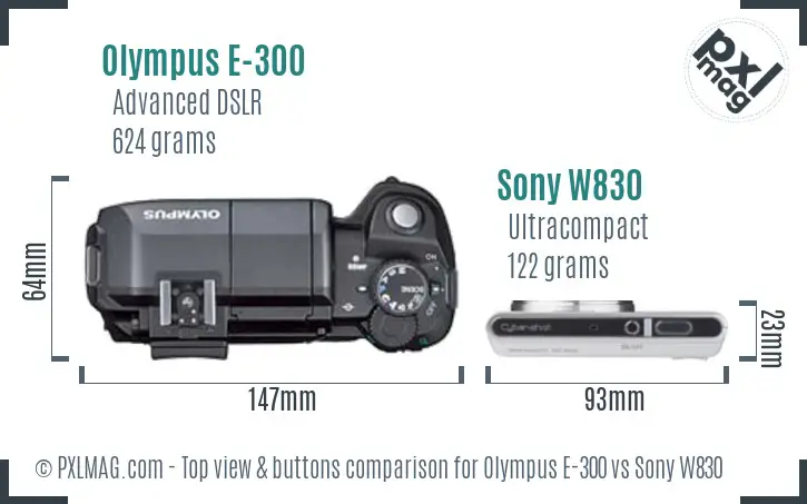 Olympus E-300 vs Sony W830 top view buttons comparison