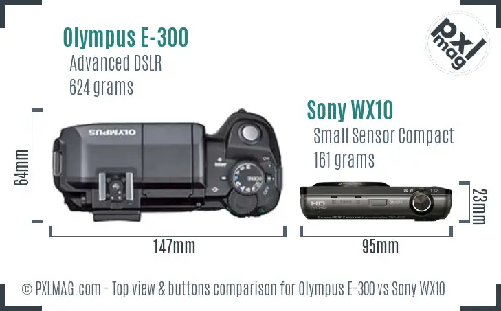 Olympus E-300 vs Sony WX10 top view buttons comparison