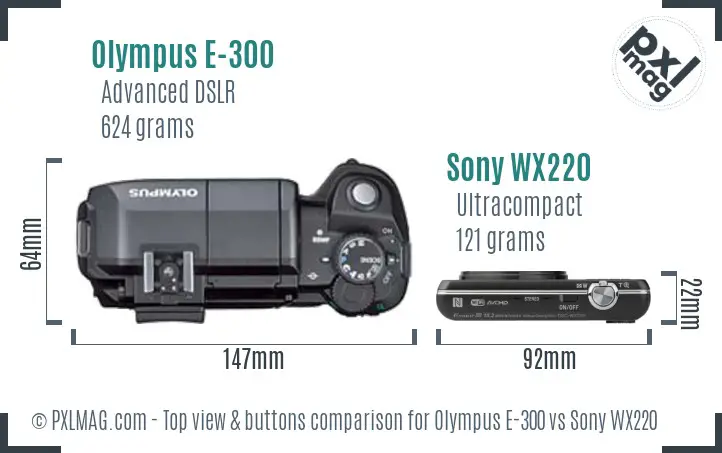 Olympus E-300 vs Sony WX220 top view buttons comparison