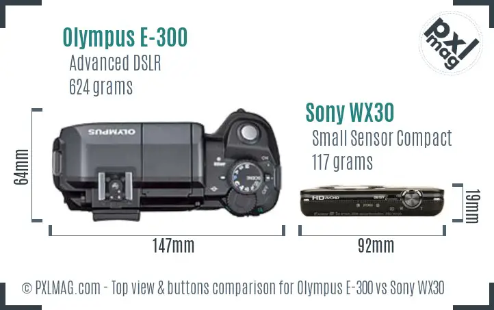 Olympus E-300 vs Sony WX30 top view buttons comparison