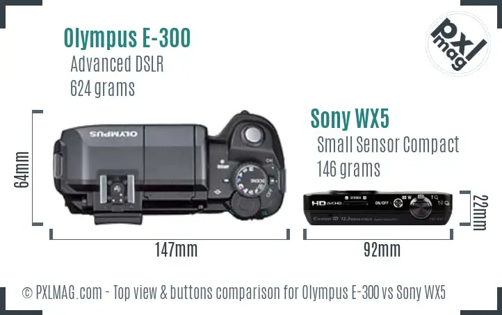 Olympus E-300 vs Sony WX5 top view buttons comparison
