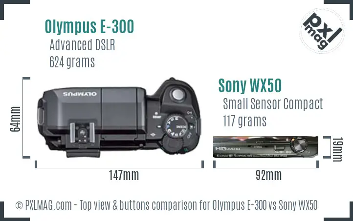 Olympus E-300 vs Sony WX50 top view buttons comparison