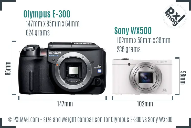 Olympus E-300 vs Sony WX500 size comparison