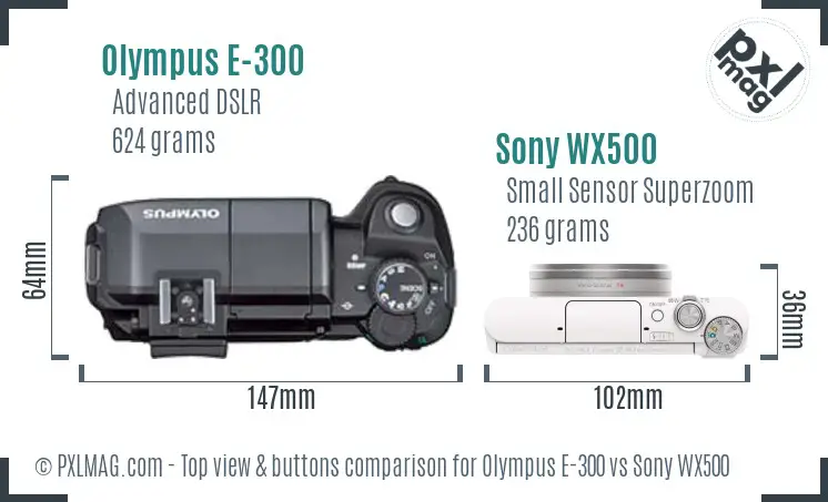 Olympus E-300 vs Sony WX500 top view buttons comparison