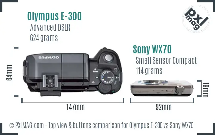 Olympus E-300 vs Sony WX70 top view buttons comparison Olympus E-300 vs Sony WX70 top view buttons comparison