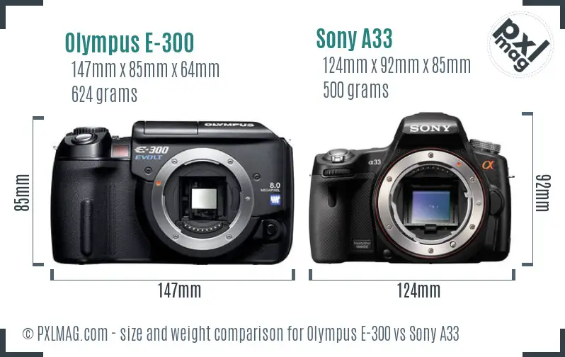 Olympus E-300 vs Sony A33 size comparison