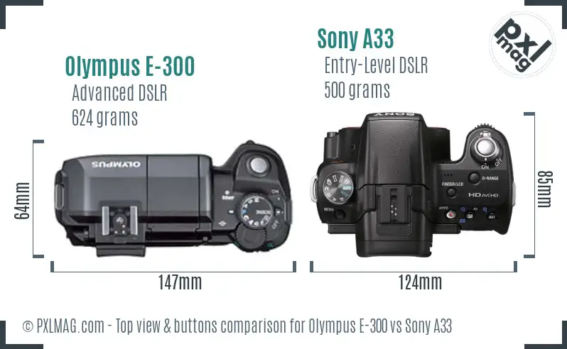 Olympus E-300 vs Sony A33 top view buttons comparison