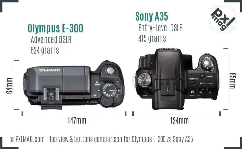 Olympus E-300 vs Sony A35 top view buttons comparison