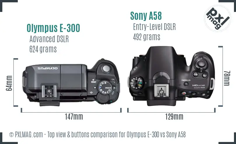 Olympus E-300 vs Sony A58 top view buttons comparison