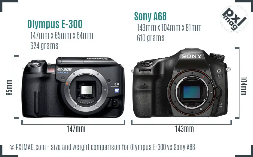 Olympus E-300 vs Sony A68 size comparison